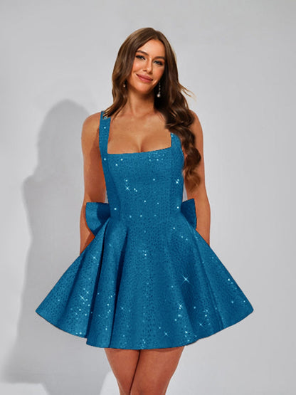 A-Line Square Neck Sequin Short Cocktail Dresses with Bow