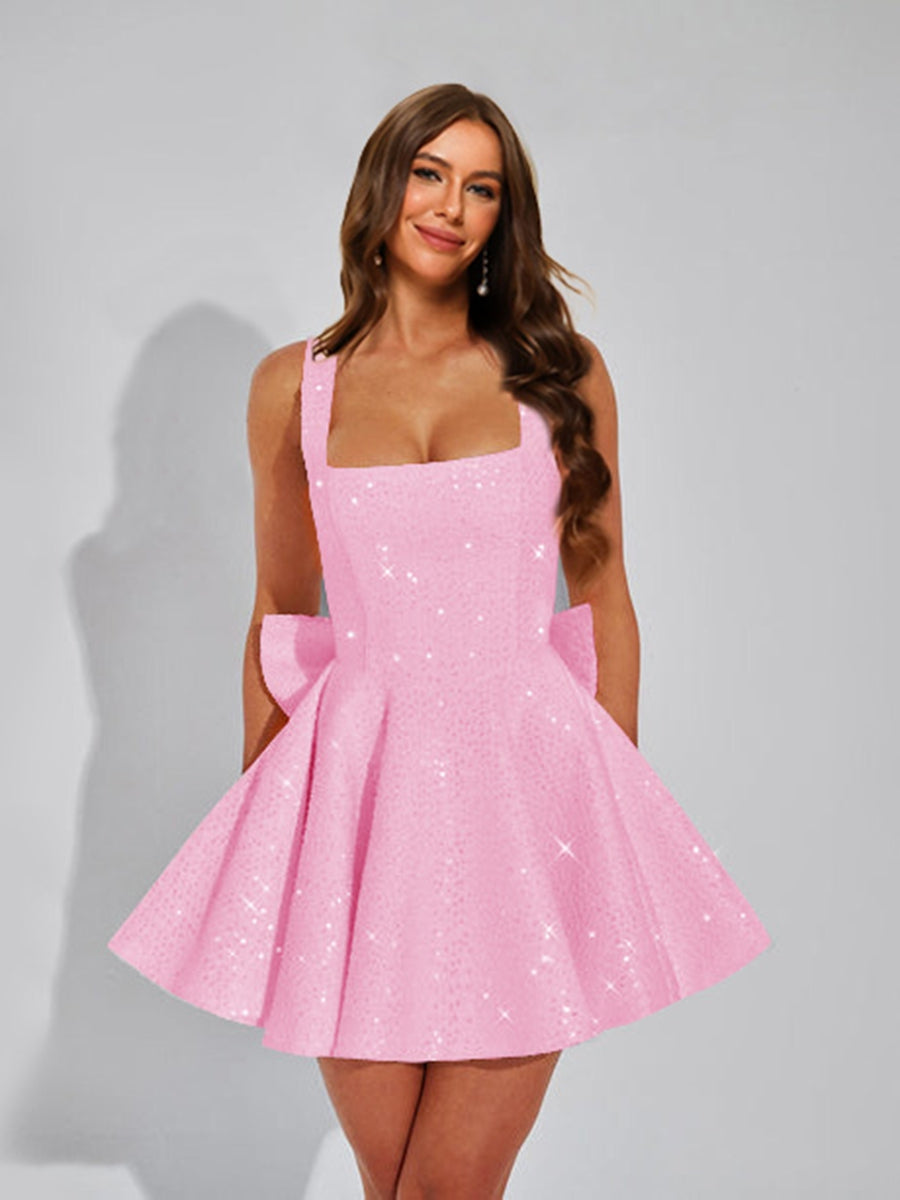 A-Line Square Neck Sequin Short Cocktail Dresses with Bow