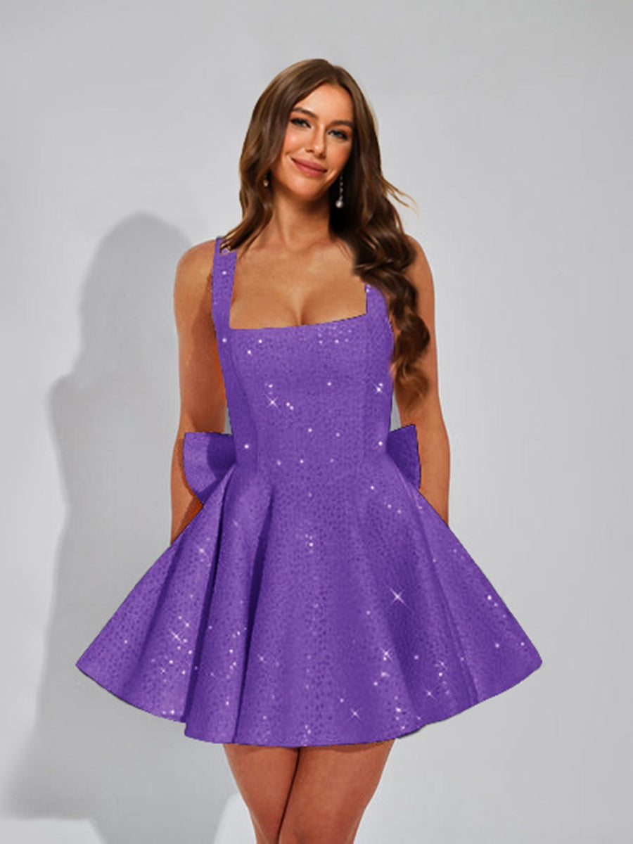 A-Line Square Neck Sequin Short Cocktail Dresses with Bow