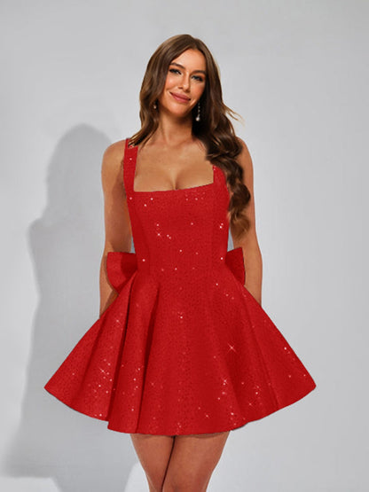 A-Line Square Neck Sequin Short Cocktail Dresses with Bow