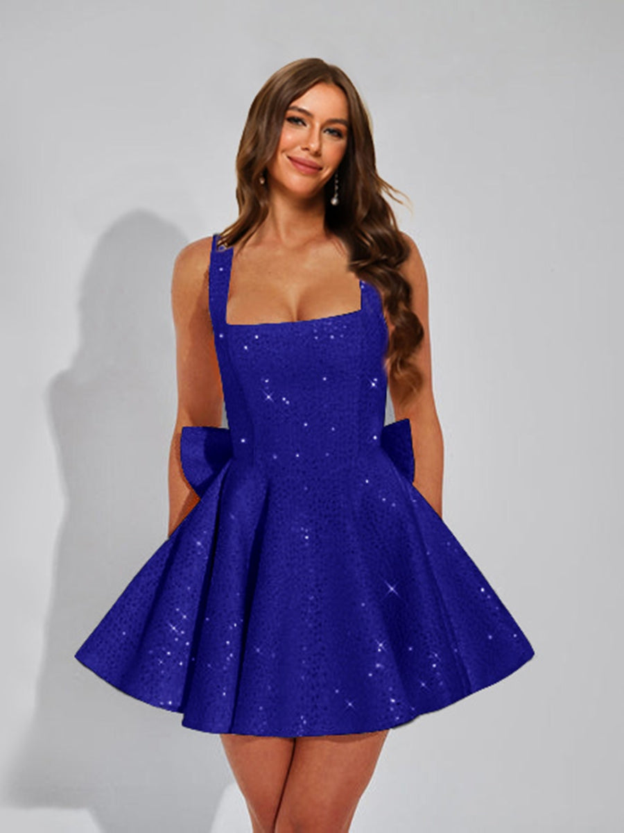 A-Line Square Neck Sequin Short Cocktail Dresses with Bow