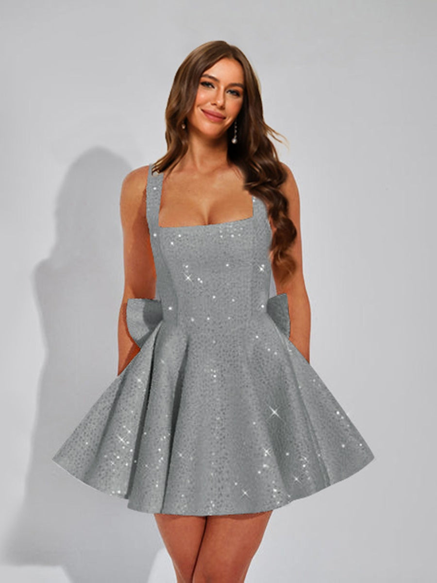 A-Line Square Neck Sequin Short Cocktail Dresses with Bow