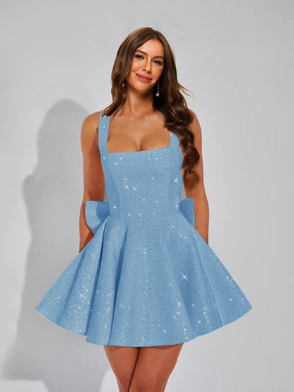 A-Line Square Neck Sequin Short Cocktail Dresses with Bow
