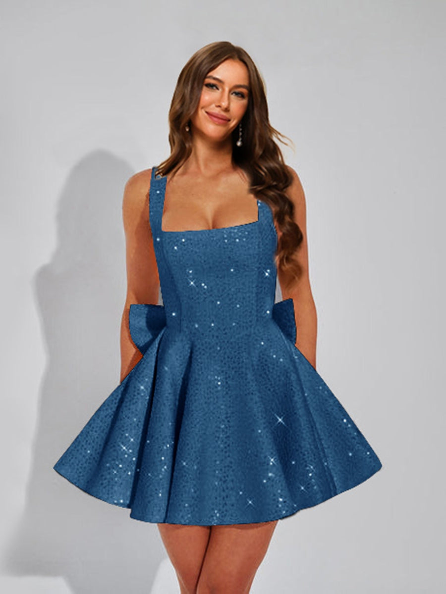 A-Line Square Neck Sequin Short Cocktail Dresses with Bow