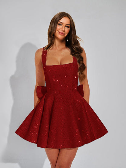A-Line Square Neck Sequin Short Cocktail Dresses with Bow
