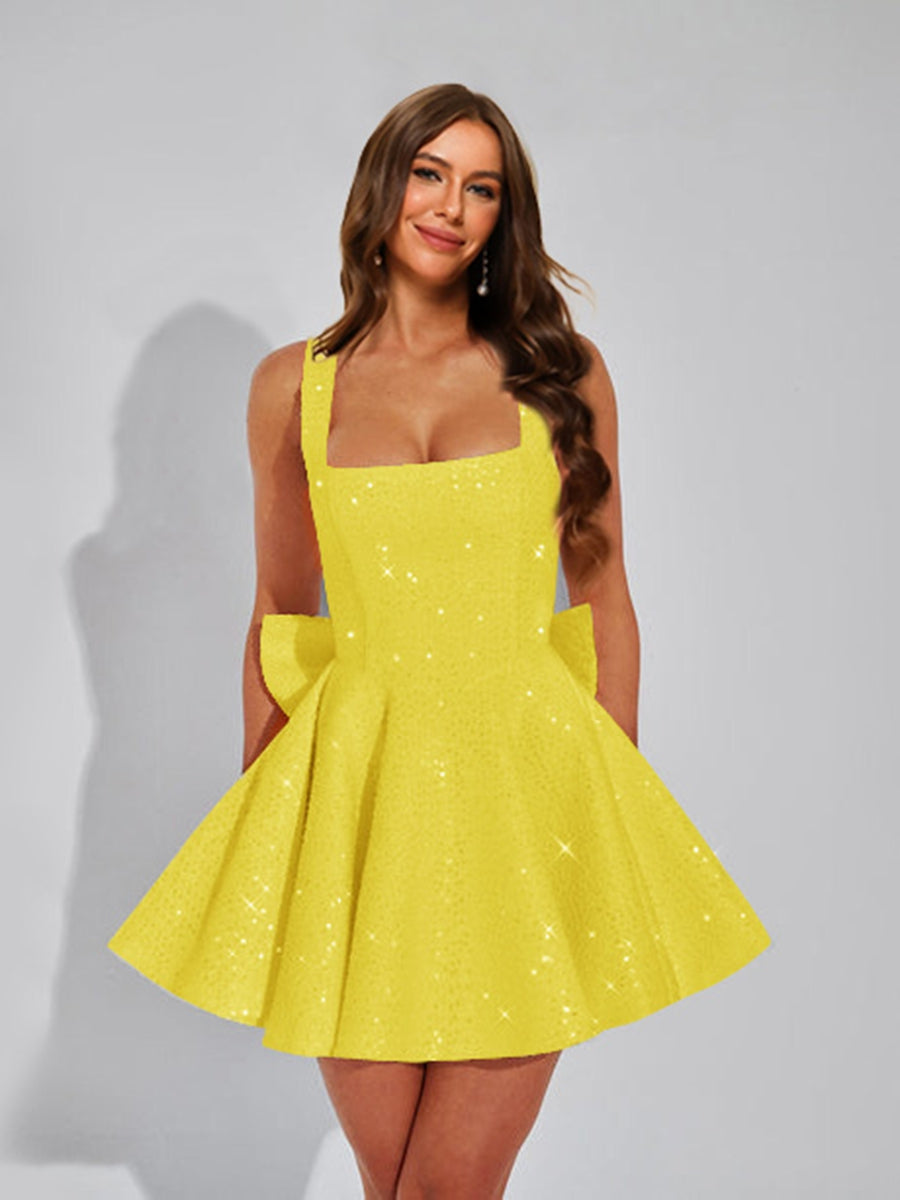 A-Line Square Neck Sequin Short Cocktail Dresses with Bow