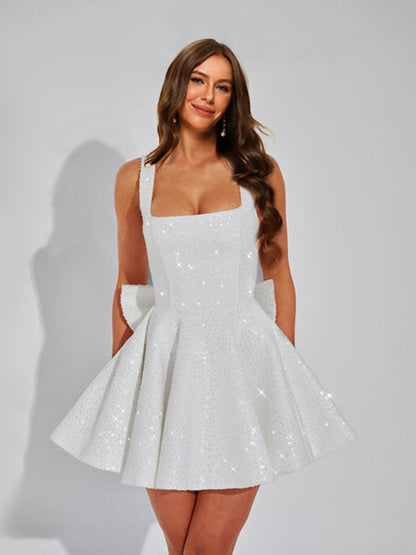 A-Line Square Neck Sequin Short Cocktail Dresses with Bow