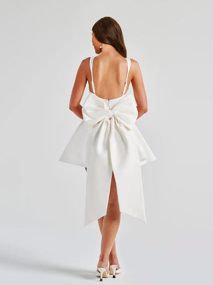 A-Line Square Neck Pleated Short Cocktail Dresses with Bow