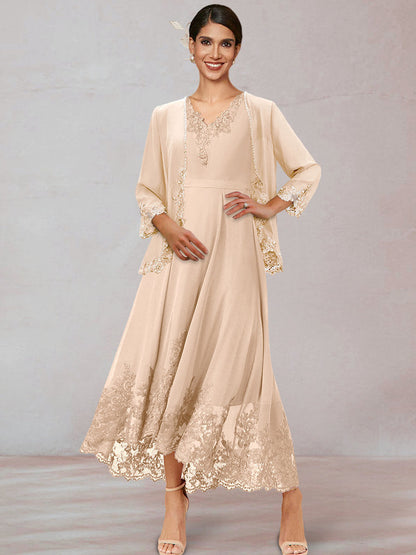 Chiffon V-Neck 3/4 Sleeves Ankle-Length Long Evening Dress With Appliques