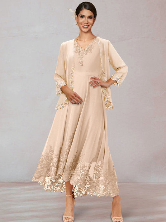 Chiffon V-Neck 3/4 Sleeves Ankle-Length Long Evening Dress With Appliques