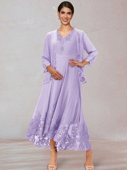 Chiffon V-Neck 3/4 Sleeves Ankle-Length Long Evening Dress With Appliques