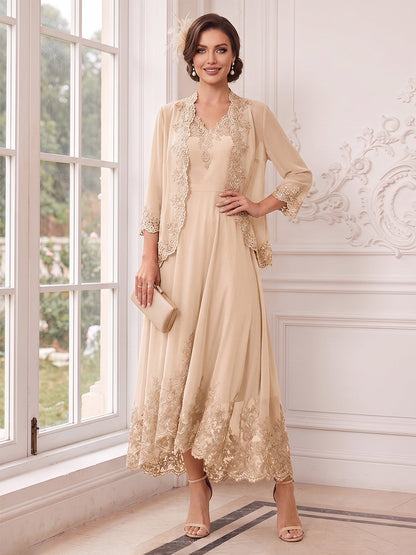 A-Line/Princess V-Neck 3/4 Sleeves Ankle-Length Mother of the Bride Dresses with Jacket & Applique