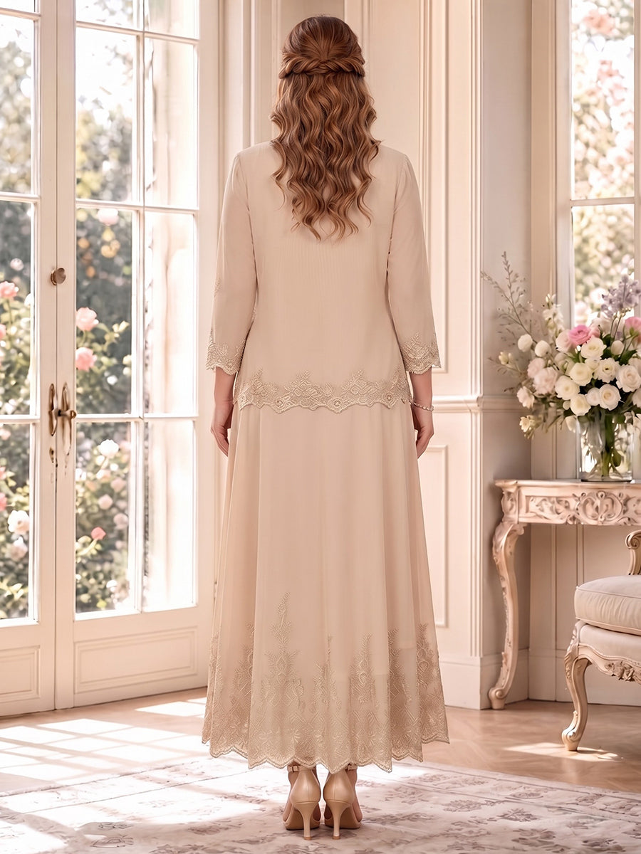 A-Line/Princess V-Neck 3/4 Sleeves Chiffon Ankle-Length Plus Size Mother of the Bride Dresses with Jacket & Applique