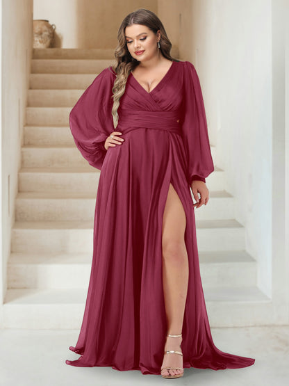 A-Line/Princess V-Neck Long Sleeves Floor Length Plus Size Bridesmaid Dresses with Split Side