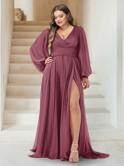 A-Line/Princess V-Neck Long Sleeves Floor Length Plus Size Bridesmaid Dresses with Split Side