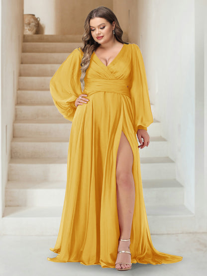 A-Line/Princess V-Neck Long Sleeves Floor Length Plus Size Bridesmaid Dresses with Split Side