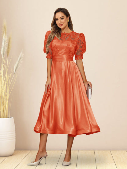 A-Line/Princess V-Neck Puffy Sleeves Tea-Length Evening Dresses