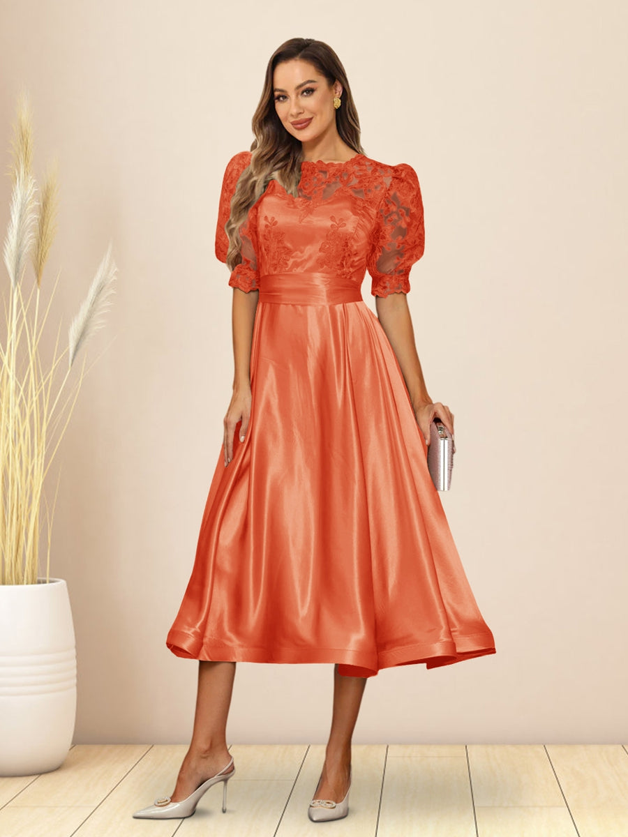 A-Line/Princess V-Neck Puffy Sleeves Tea-Length Evening Dresses