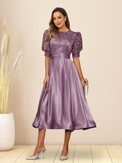 A-Line/Princess V-Neck Puffy Sleeves Tea-Length Evening Dresses