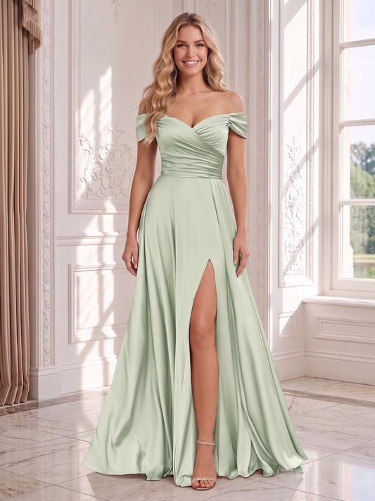 Floor-Length Off-the-Shoulder Wedding Guest Dresses with Split Side & Ruched