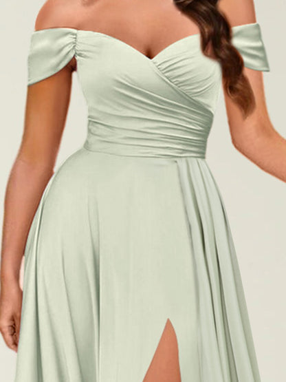 Floor-Length Off-the-Shoulder Long Formal Dresses with Split Side & Ruched