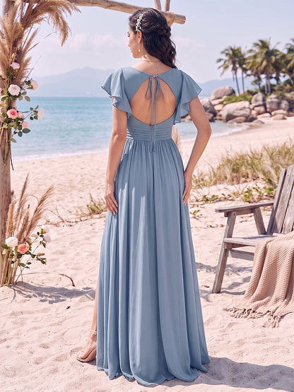 A-Line/Princess V-Neck Sleeveless Floor-Length Bridesmaid Dresses With Split Side & Ruffles