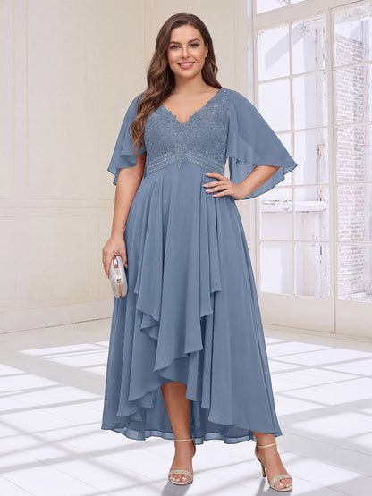 A-Line/Princess V-Neck Asymmetrical Plus Size Mother of the Bride Dresses With Ruffles
