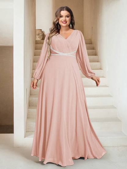 A-Line/Princess V-Neck Floor-Length Plus Size Bridesmaid Dresses With Sash