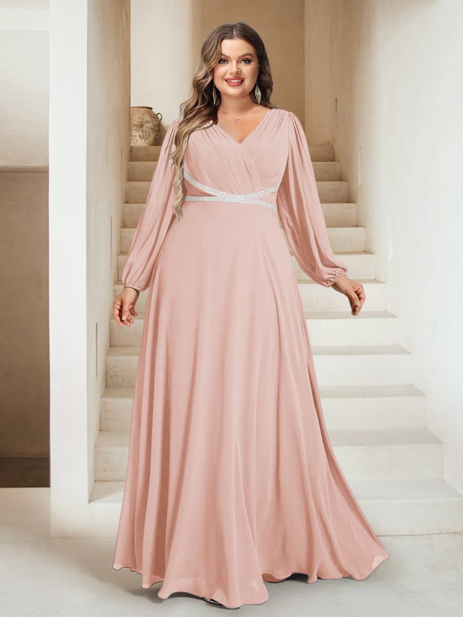 A-Line/Princess V-Neck Floor-Length Plus Size Bridesmaid Dresses With Sash