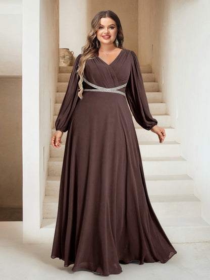 A-Line/Princess V-Neck Floor-Length Plus Size Bridesmaid Dresses With Sash