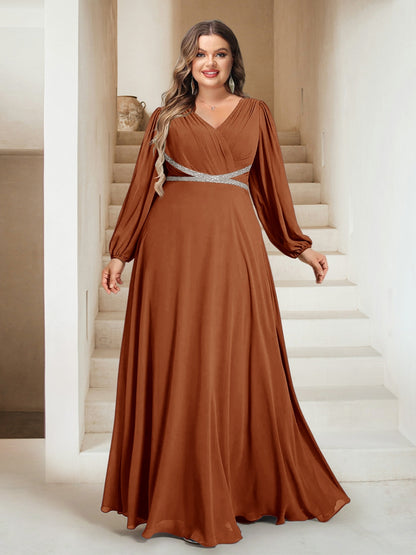 A-Line/Princess V-Neck Floor-Length Plus Size Bridesmaid Dresses With Sash