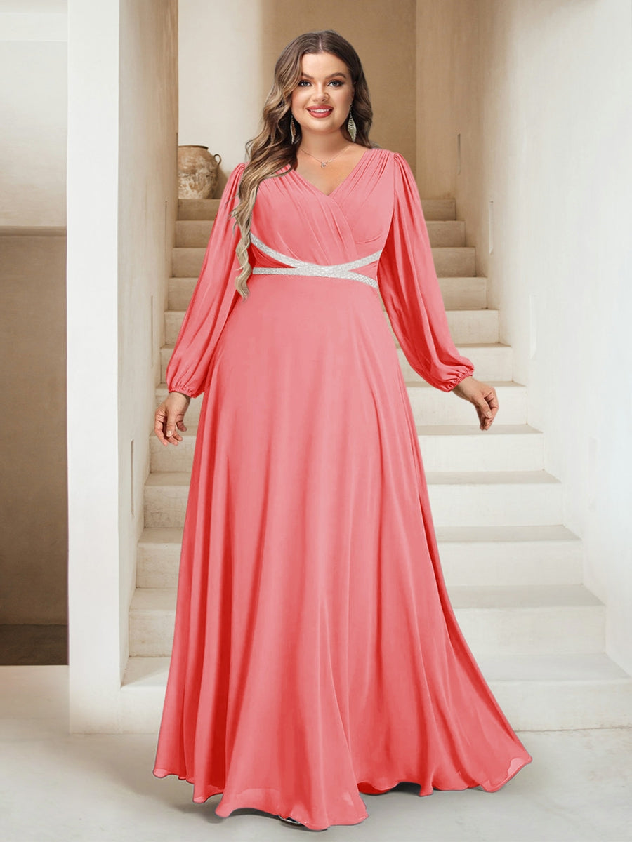 A-Line/Princess V-Neck Floor-Length Plus Size Bridesmaid Dresses With Sash