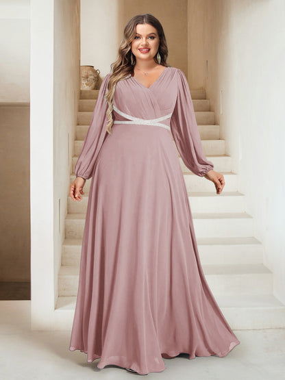 A-Line/Princess V-Neck Floor-Length Plus Size Bridesmaid Dresses With Sash