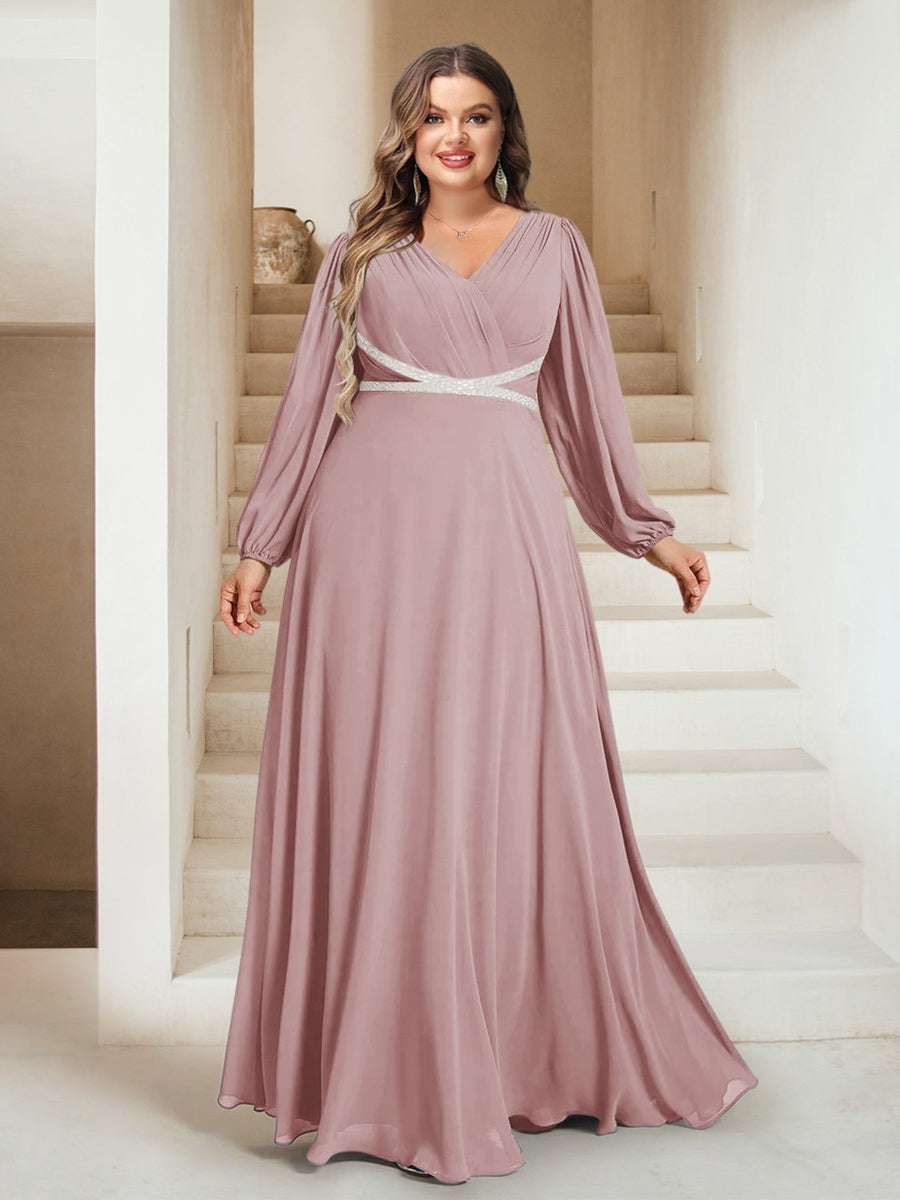 A-Line/Princess V-Neck Floor-Length Plus Size Bridesmaid Dresses With Sash