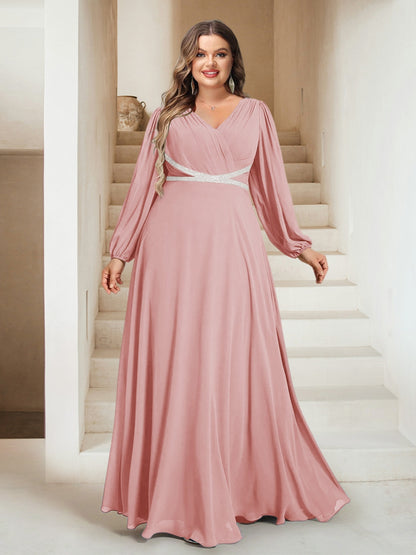 A-Line/Princess V-Neck Floor-Length Plus Size Bridesmaid Dresses With Sash