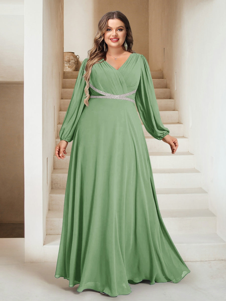 A-Line/Princess V-Neck Floor-Length Plus Size Bridesmaid Dresses With Sash