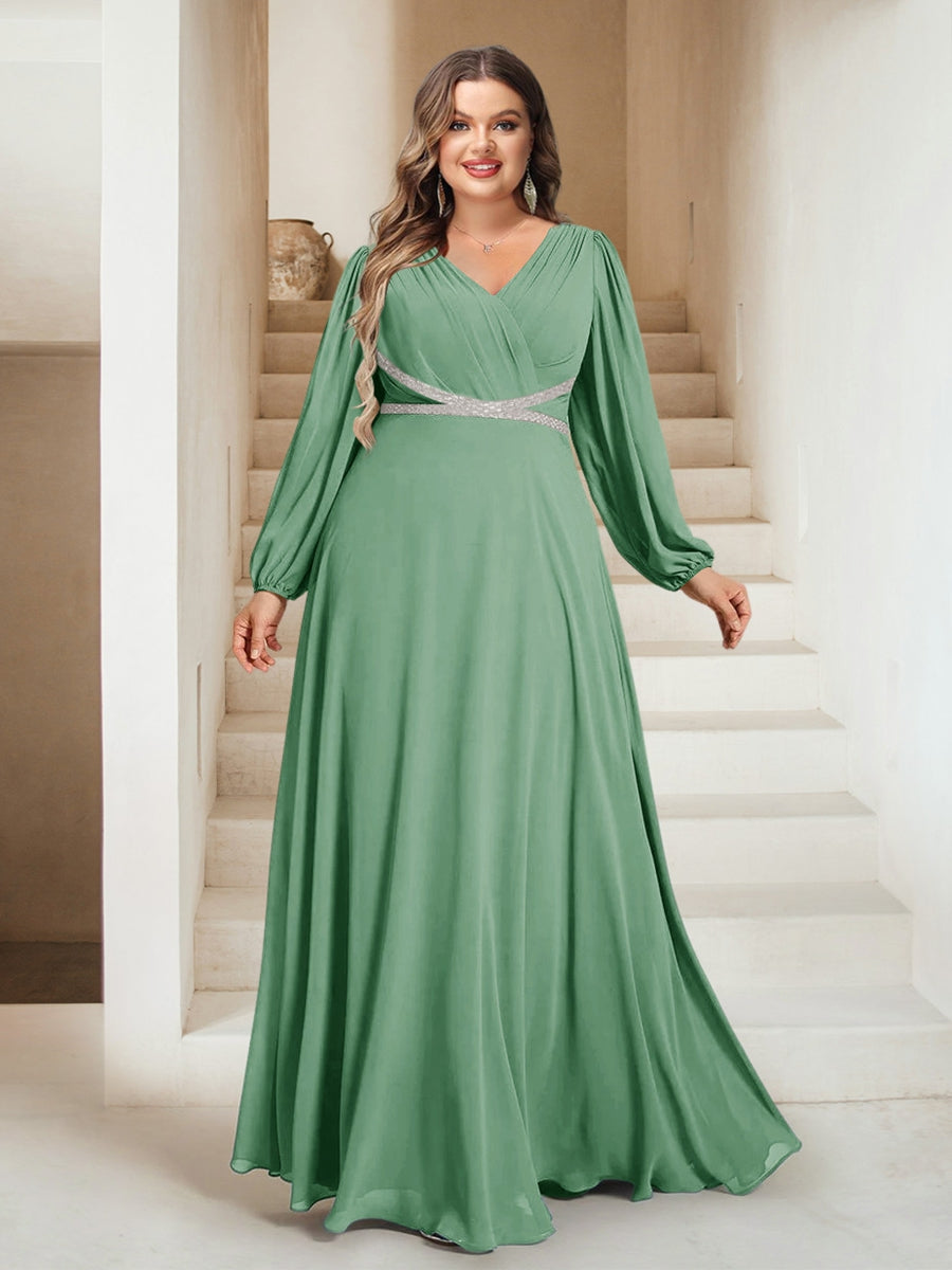 A-Line/Princess V-Neck Floor-Length Plus Size Bridesmaid Dresses With Sash