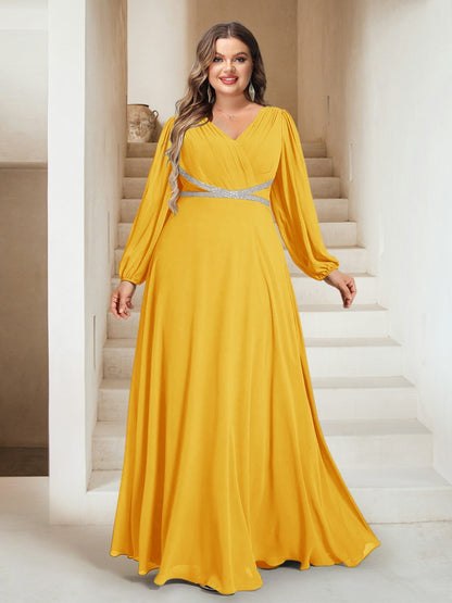 A-Line/Princess V-Neck Floor-Length Plus Size Bridesmaid Dresses With Sash
