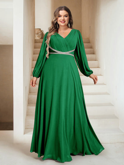 A-Line/Princess V-Neck Floor-Length Plus Size Bridesmaid Dresses With Sash