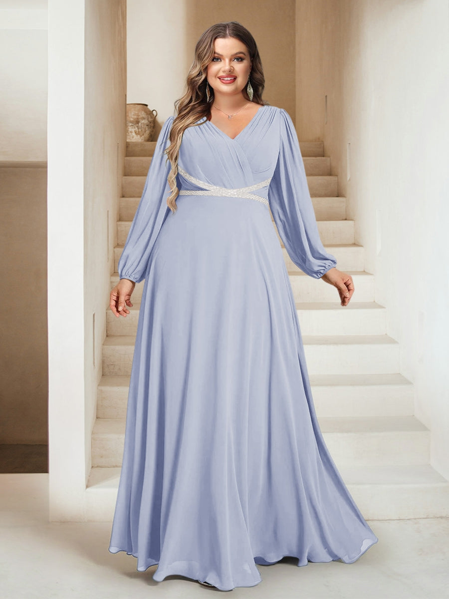 A-Line/Princess V-Neck Floor-Length Plus Size Bridesmaid Dresses With Sash