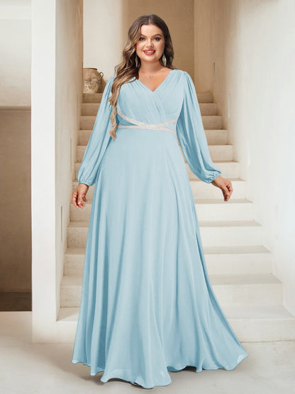 A-Line/Princess V-Neck Floor-Length Plus Size Bridesmaid Dresses With Sash