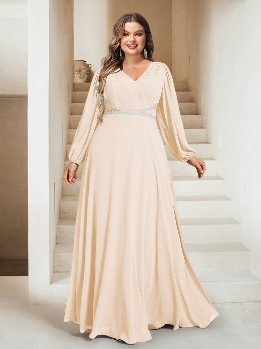 A-Line/Princess V-Neck Floor-Length Plus Size Bridesmaid Dresses With Sash