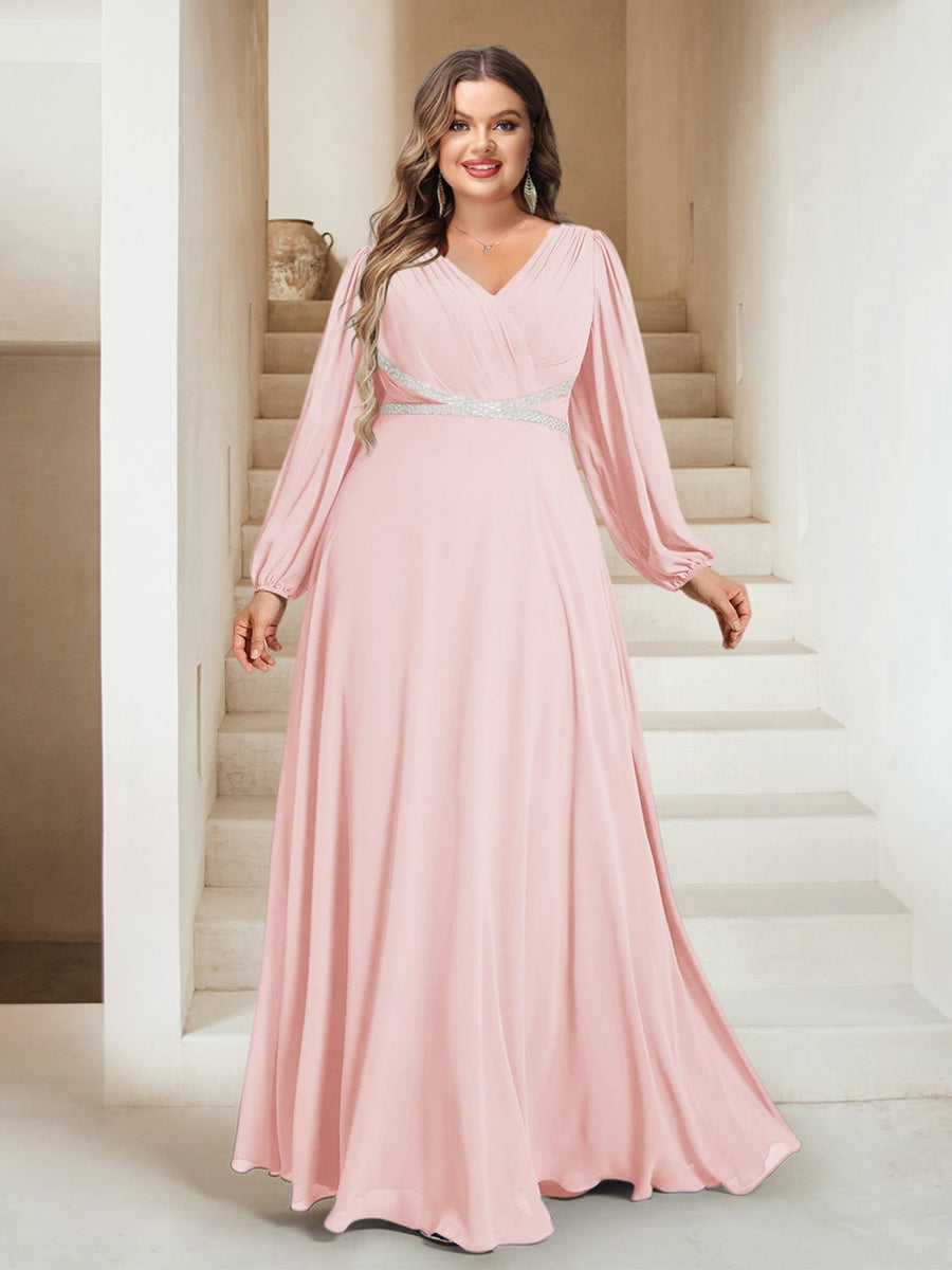 A-Line/Princess V-Neck Floor-Length Plus Size Bridesmaid Dresses With Sash