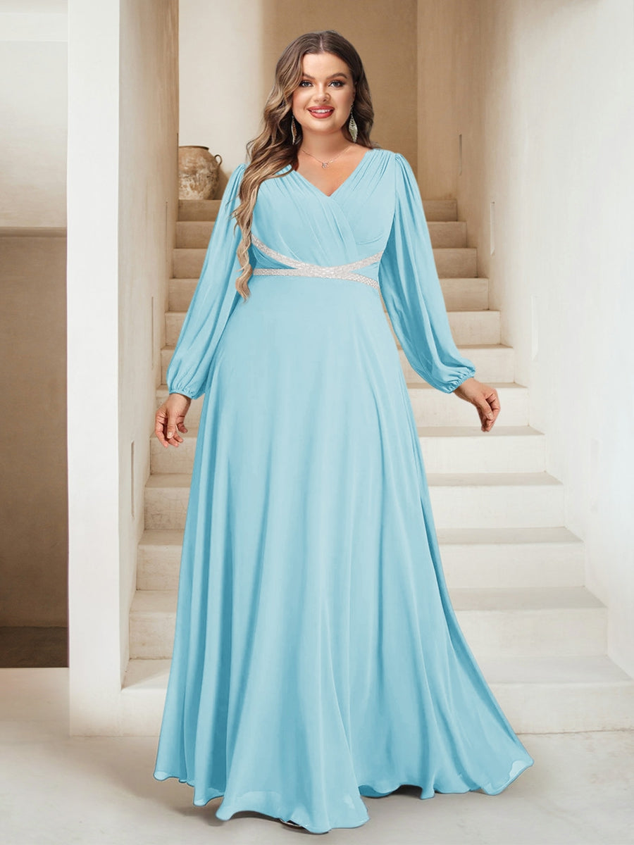 A-Line/Princess V-Neck Floor-Length Plus Size Bridesmaid Dresses With Sash