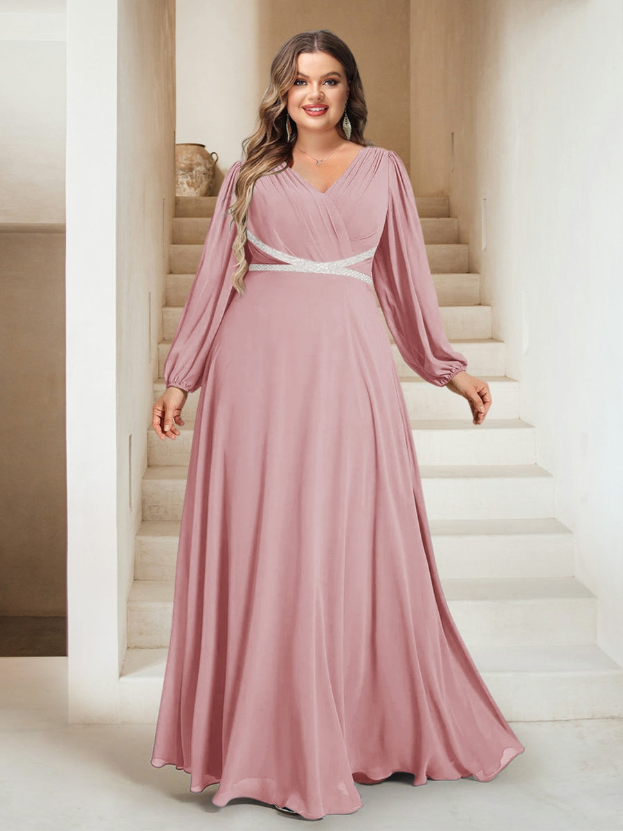 A-Line/Princess V-Neck Floor-Length Plus Size Bridesmaid Dresses With Sash