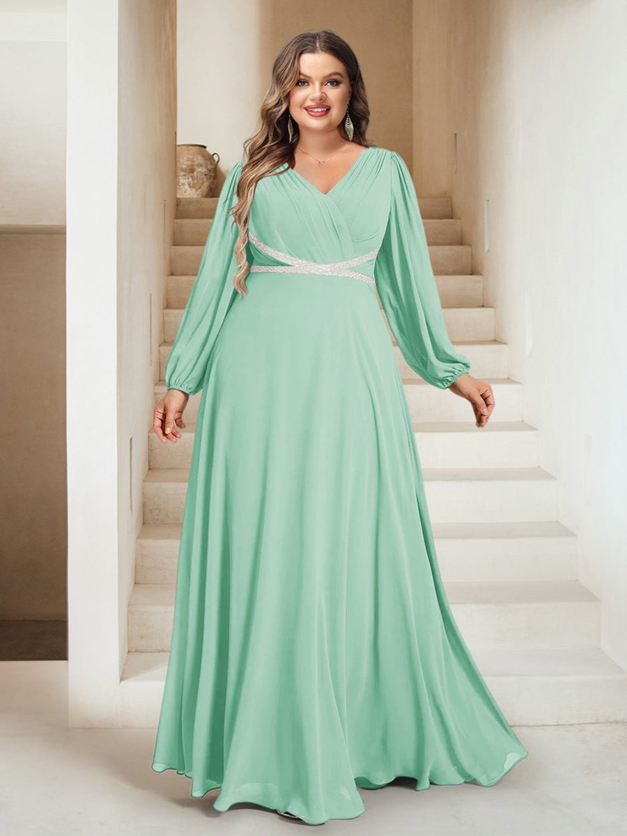 A-Line/Princess V-Neck Floor-Length Plus Size Bridesmaid Dresses With Sash