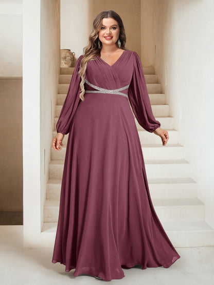 A-Line/Princess V-Neck Floor-Length Plus Size Bridesmaid Dresses With Sash