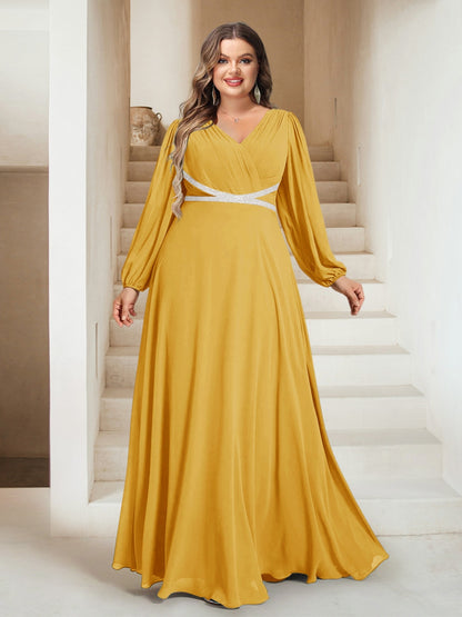 A-Line/Princess V-Neck Floor-Length Plus Size Bridesmaid Dresses With Sash