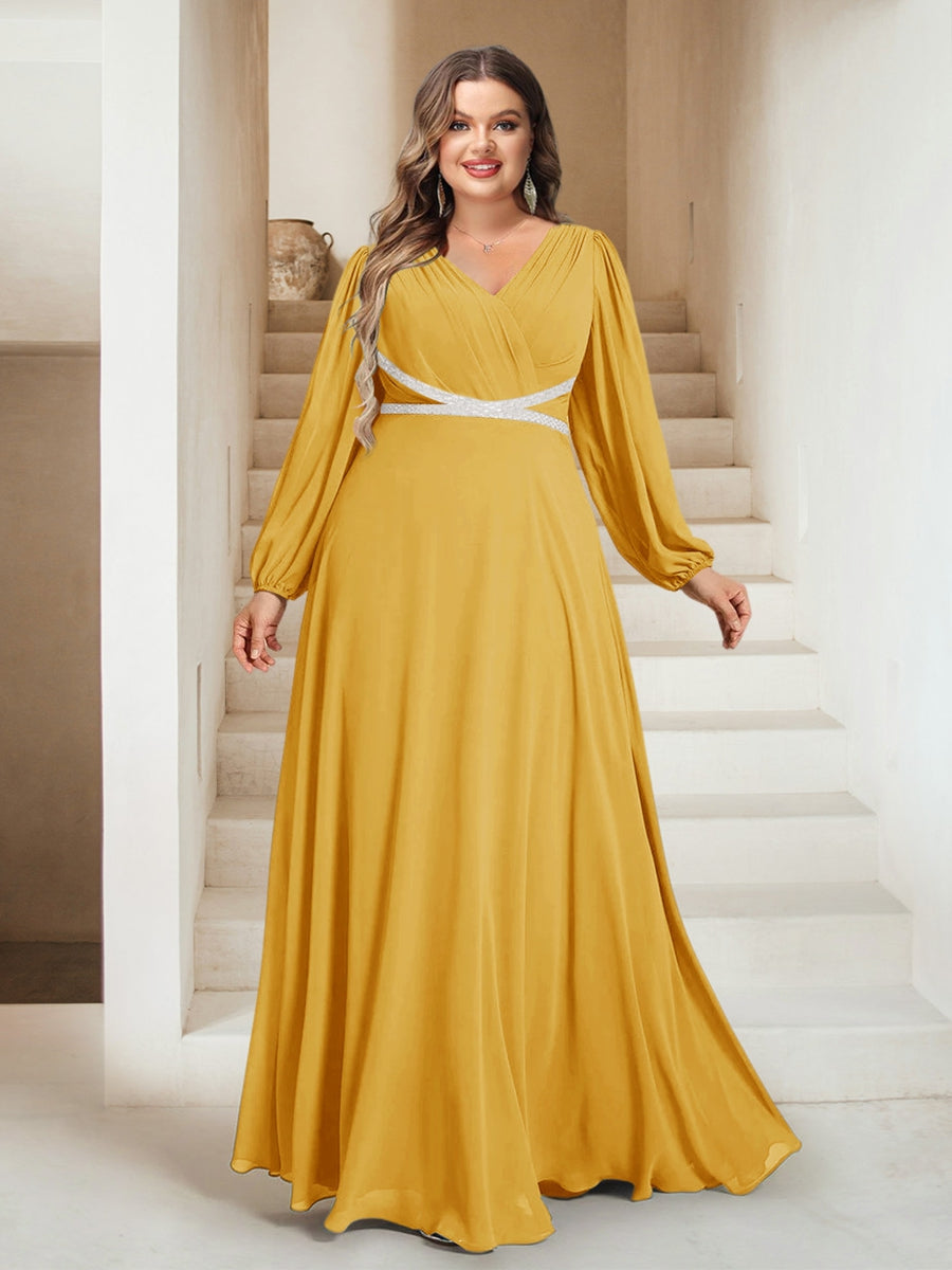 A-Line/Princess V-Neck Floor-Length Plus Size Bridesmaid Dresses With Sash