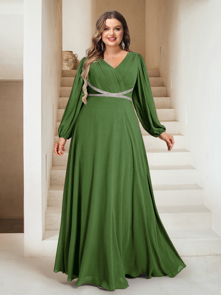 A-Line/Princess V-Neck Floor-Length Plus Size Bridesmaid Dresses With Sash